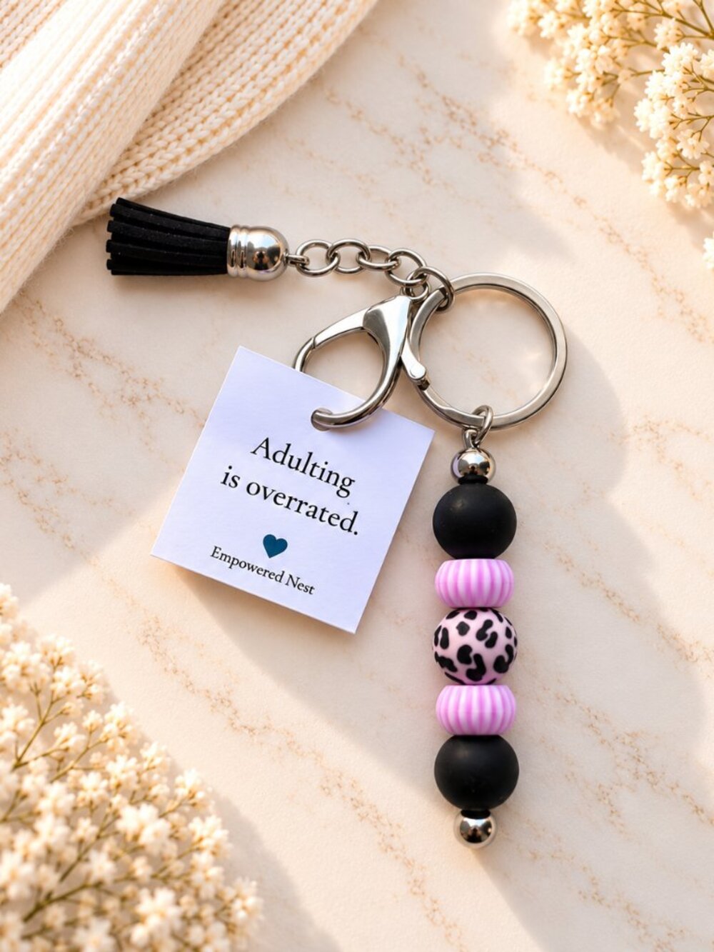 Adulting Is Overrated Pink Leopard Silicone Bead Keychain